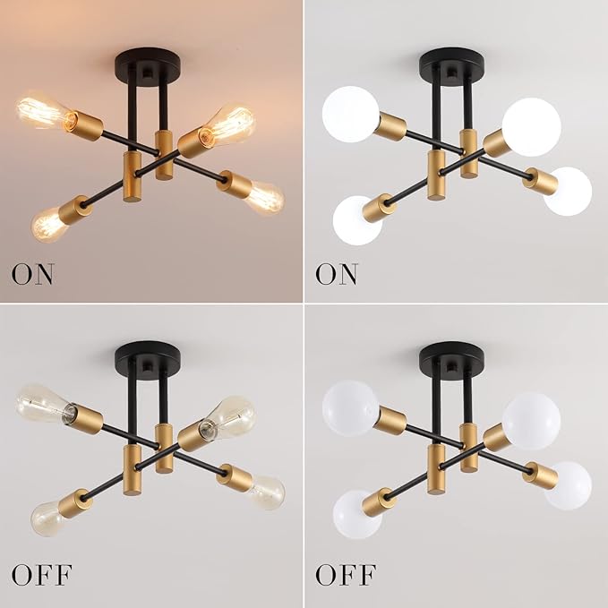 Black and Gold Modern Sputnik Chandelier Ceiling Light Fixtures,4-Lights Mid Century Industrial Metal Semi Flush Mount Ceiling Lights for Bedroom Kitchen Hallway Entryway Office UL Listed